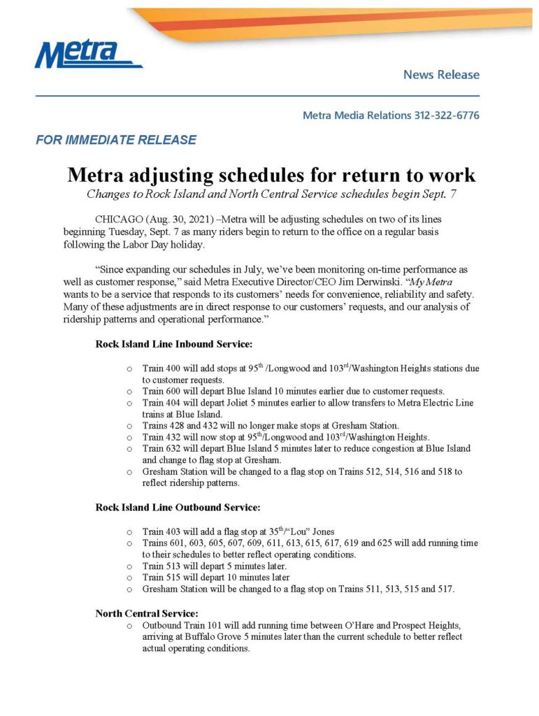 Metra Announces Adjusted Rock Island Schedule City of Blue Island