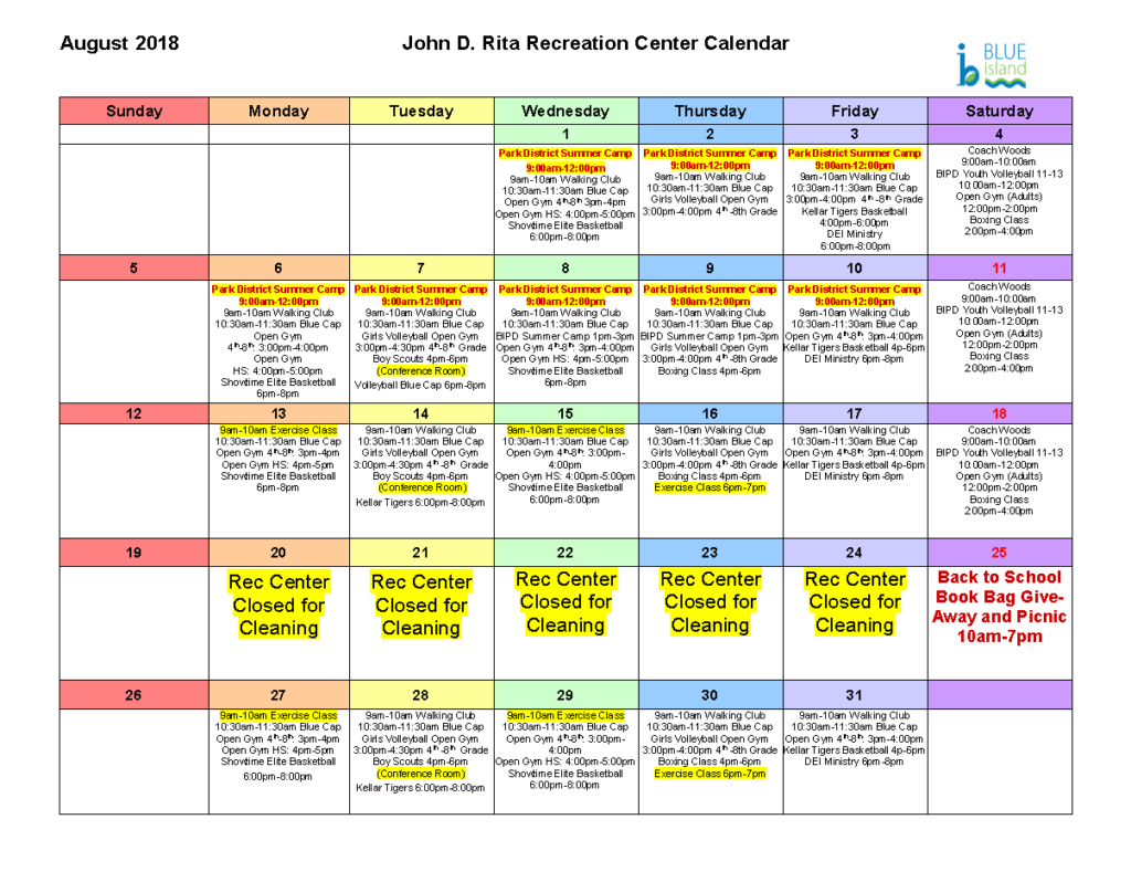 John D. Rita Rec Center Schedule – August 2018 – City of Blue Island